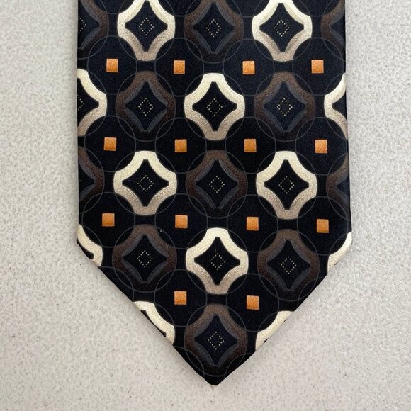 Vintage Geometric Print Silk Tie 1990s Tessellation Necktie Black/Brown/Orange - Picture 1 of 3